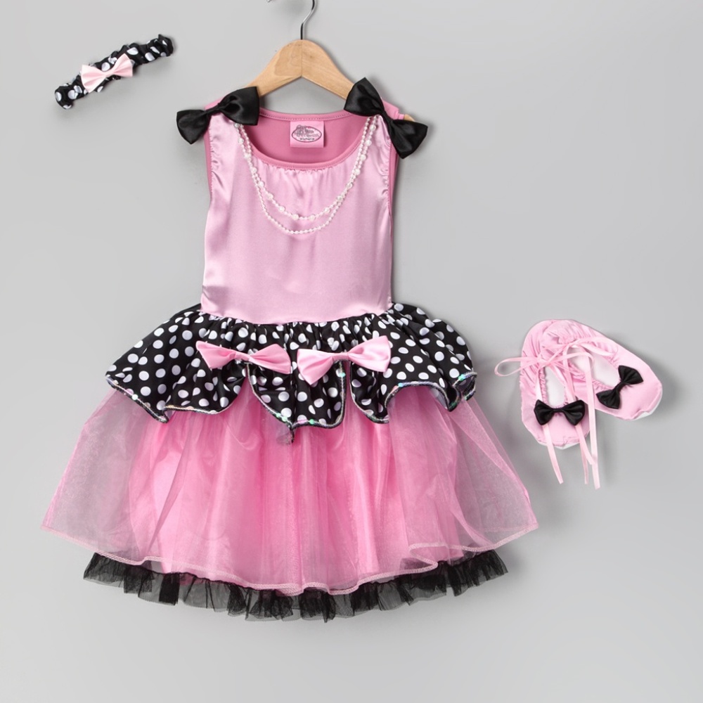 Pink Polka Dot Ruffle Costume Dress Set - Girls